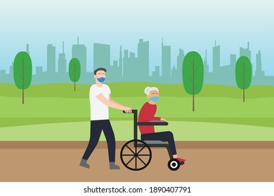 Elderly woman in wheelchair wearing face mask at city garden 2D flat vector concept for banner, website, illustration, landing page, flyer, etc.