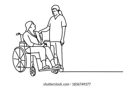 Elderly woman in a wheelchair and young nurse or doctor. Hand drawn vector line.