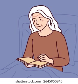 Elderly woman with white hair reads book while sitting in bed in peaceful atmosphere, enjoying calm evening routine and rest