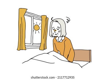  Elderly woman who greeted the morning without sleeping Comical hand  drawn person illustration Vector line drawing and simple coloring