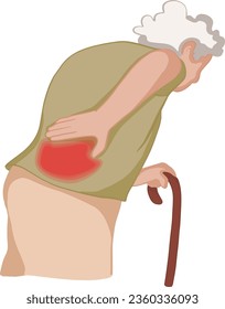 Elderly woman who has back pain while walking spinal disease and osteoporosis. vector illustration.