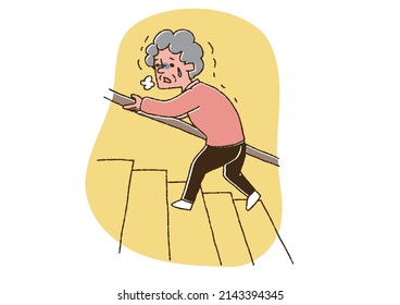 Elderly Woman Who Has A Hard Time Climbing Stairs Comical Handwritten Person Vector, Color On Line Drawing