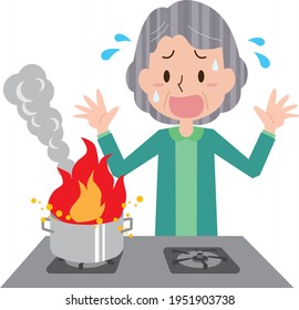 An elderly woman who ignites a fire from a fried food pot