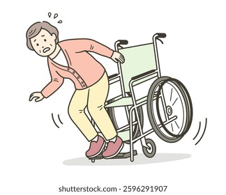 An elderly woman who stands up from her wheelchair and nearly falls
