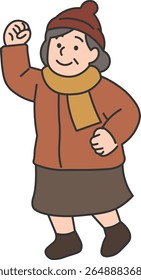 Elderly Woman in Winter Clothes (Raising One Hand)