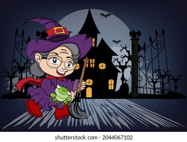 An elderly woman witch cartoon with broom and a little frog hold her hand isolated on a haunted house background .Halloween vector illustration cartoon.