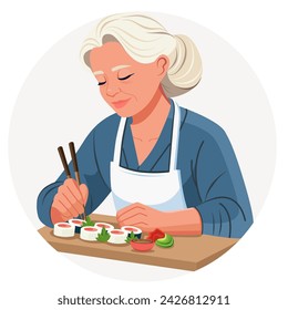 An elderly woman in work clothes takes a meal during her lunch break. Woman master tasting ready sushi rolls lying on a wooden cutting board. Vector. Cartoon. Flat, simple style. Close-up