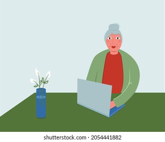 Elderly woman working on laptop at home, happy grandma is sitting on the Internet. Vector flat illustration