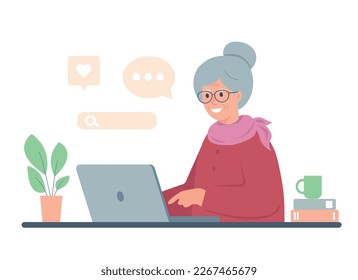 Elderly woman working on laptop. Senior retired lady using computer for communication, chatting in social media and online education. Vector illustration.