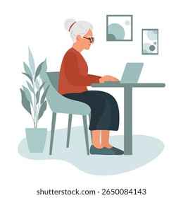 Elderly woman working on laptop at desk in home office environment with minimal decor vector