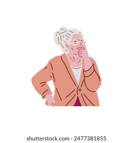 Elderly woman with a worried expression, covering her mouth in thought. Vector illustration of a senior showing signs of confusion or memory loss.