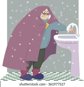 Elderly woman, wrapped in a blanket attempting to turn the water on, but the faucet is frozen, EPS 8 vector illustration