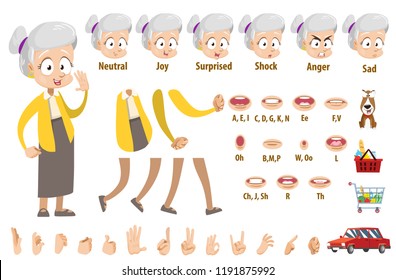 Elderly woman in yellow blouse and grey skirt character. Creation set with various facial emotions, hand gestures and lips. Funny grandma personage constructor for custom animation vector illustration