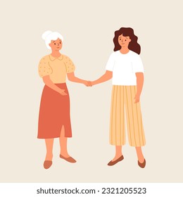 Elderly woman and young girl are holding hands. Mother and daughter in good relationship, family support. Positive people. Vector illustration with two females in different ages.