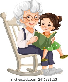 An elderly woman and young girl reading a book together.