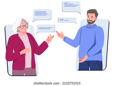 An elderly woman and a young man communicate using a smartphone video call. Parents. Mom and son are talking, chatting, messaging, gossiping on social networks. Flat vector illustration