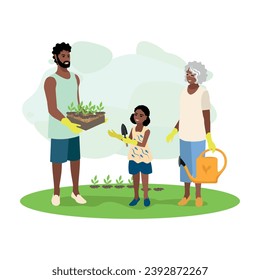 An elderly woman, a young man and a girl are planting seedlings in a garden or public park. Green Planet. Take care of the environment. Vector illustration in flat style.