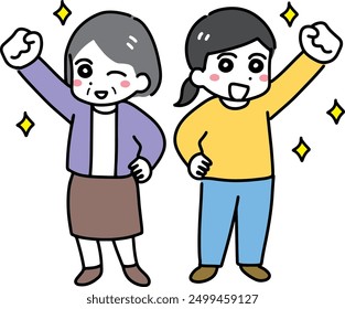 An elderly woman and a young woman smiling and raising their fists