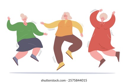 Elderly women dance and move actively. Old ladies are having fun. Vector flat graphics.