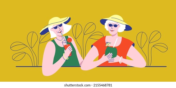 Elderly Women Drinking Cocktails In Street Cafe Or Beach Bar. Senior Friends Spending Time Together And Enjoy Summer Vacation In A Tropical Country. Vector Illustration