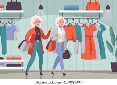 Elderly Women Enjoying Shopping Together Cartoon Composition With Senior People Choosing Clothes In Department Store Vector Illustration