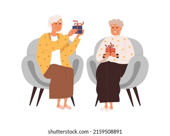 Elderly women exchanging holiday gifts. Female friends of senior age giving and receiving present boxes. Happy old ladies with surprises in hands. Flat vector illustration isolated on white background