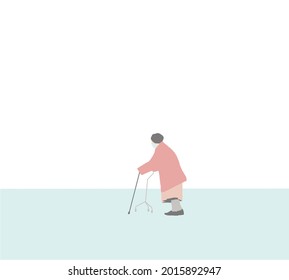 Elderly women with face mask using a walker on the street. Vector illustration in a flat style. Disease and illness protection. Surgical masks for coronavirus prevention. Sick elderly patient.