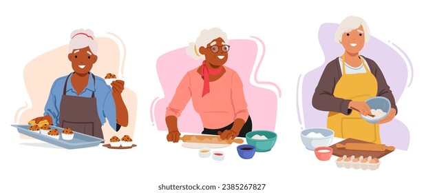 Las Mujeres Mayores Se Bañan Alegremente, Comparten Décadas De Sabiduría Y Deliciosas Recetas. Una Encantadora Muestra De Tradición, Amor Y Tratamientos Decepcionables. Las Abuelas Preparan Pastel. Ilustración del vector de dibujos animados