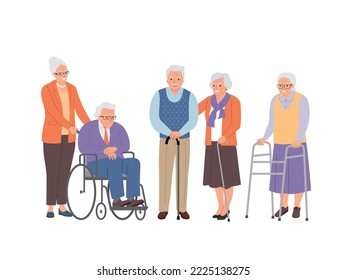 Elderly women and men. Vector flat style illustration