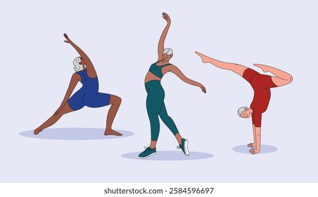 Elderly Women Practicing Yoga and Gymnastics. African American Seniors Stretching Exercising in Different Poses. Colored Flat Vector Illustration of Active Lifestyle Isolated on Light Background