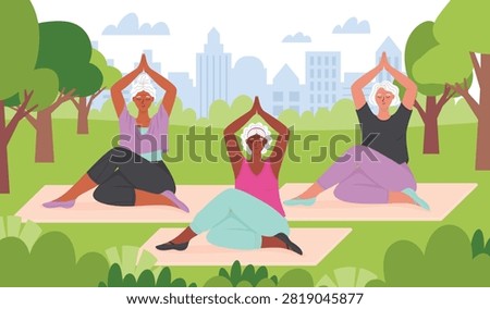 Elderly women practicing yoga in a park. Concept of active aging, senior fitness, and healthy lifestyle in retirement. Flat style vector illustration
