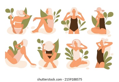 Elderly women resting on the beach Set with leaves. Trendy old tanning women, active retirement. Stylish senior female and summer vacation aesthetic collection. Isolated cartoon vector illustration 