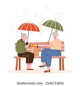 Elderly women sit on a park bench under an umbrella and talk. Life and recreation of old people. Flat vector illustration.