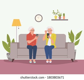 Elderly women are sitting on the sofa with smartphones. Vector flat cartoon style illustration