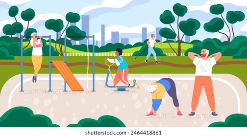 Elderly workout park. Old people exercise on nature sport city garden outdoor fitness gym, exercising pensioners age man happy senior healthy lifestyle, classy vector illustration of workout sport