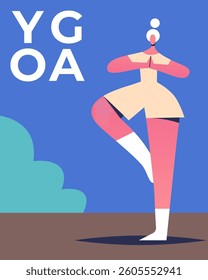 Elderly yoga girl doing class outdoor. Flat vector illustration in cartoon style.