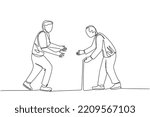 An elderly and a young man walked side by side while preparing to embrace. old man holding a stick. The young man extended his hand towards the old man. son and father meet after long time no see.