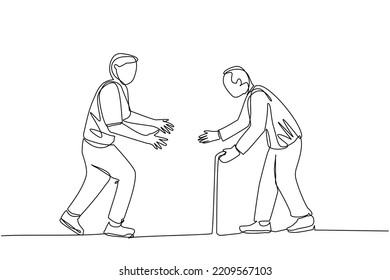 An elderly and a young man walked side by side while preparing to embrace. old man holding a stick. The young man extended his hand towards the old man. son and father meet after long time no see.