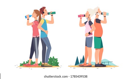 Elderly And Young Man, Woman Couples Standing, Resting, Drinking Water After Training Run Outdoors. Sporty People In Sportswear Listening To Music Hydrating. Sport & Wellness. Flat Vector Illustration