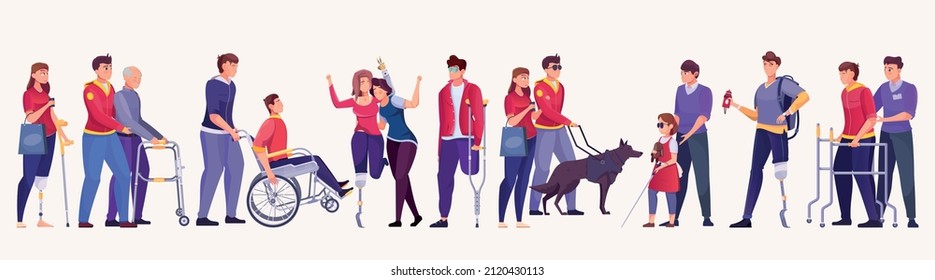 Elderly and young people including the blind on a white background set flat vector illustration