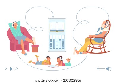 Elderly And Young People Listen Audiobooks Or Music On Smartphone. Ebooks Library Concept. Flat Art Vector Illustration