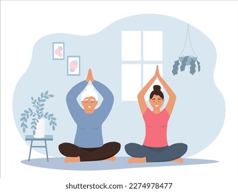 Elderly and young women do gymnastics together. The coach helps the old woman to be active, do yoga, meditate. Vector graphics.