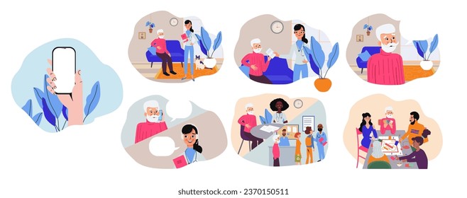 Elderly's Medical Insurance Set. Insurance company service, medical protection concept vector