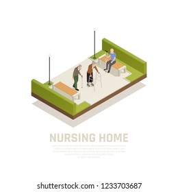 Elders with disabilities nursing home outdoor activities isometric composition with using cane crutches walker people vector illustration