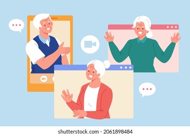 Elders having group video call. Flat illustration of old people talking online in a meeting room on Internet