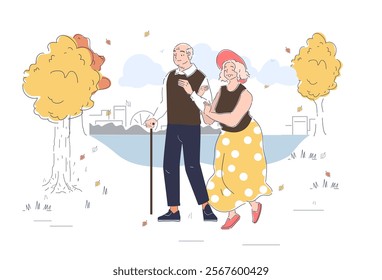 Elders love autumn nature. Grandfather and grandmother walking outdoors. Romantic date or meeting in autumn park. Fall season. Love and romance. Linear vector illustration