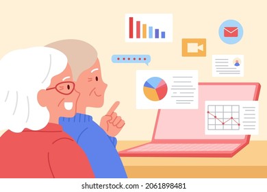 Elder's pension investment. Flat illustration of an old couple visiting their stock dashboard portfolio on Internet and discussing the retirement financial plan