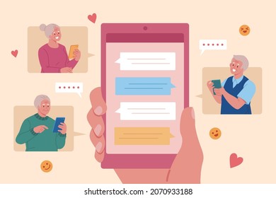 Elders texting with mobile in group . Flat illustration of a woman sending text messages and emoticons from her first-person perspective