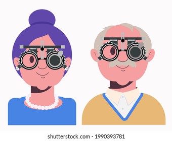 Elders vision checkup in ophthalmological clinic. Optometrist checking grandmother and grandfather eyesight with spectacles medical equipment. Glasses lens selection. Flat cartoon character illustration