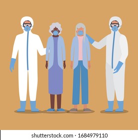 Elders women with masks and doctors with protective suits against Covid 19 design of Medical hygiene health emergency and patient theme Vector illustration